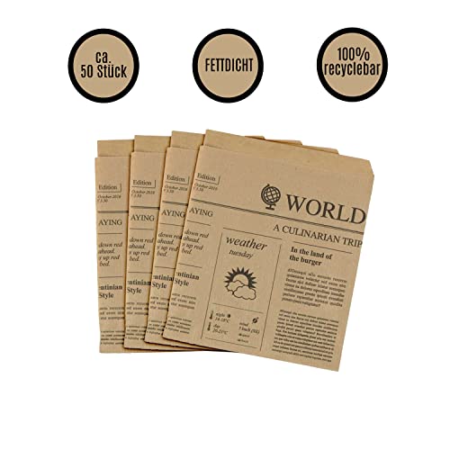 Snacktaschen | Burger Papier | Kraftpapier | Fettdicht | 50 Stück | 16x16cm | 100% Recyclebar | Umweltfreundlich | Biologisch abbaubar | Döner | Tüte | Snack | Zeitung
