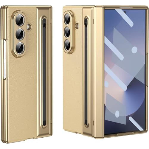 Image of Ultra Hybrid Luxury Leather Compatible with Samsung Galaxy Z Fold 6 (2025)| Built-in S Pen Holder| 360 Hinge Protection | Slim Shockproof Back Cover with Tempered Glass - Golden