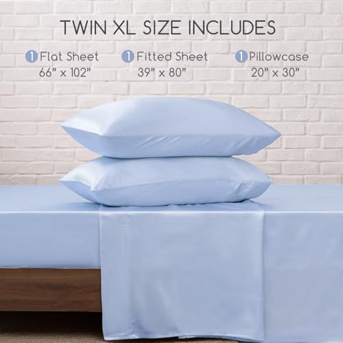 Image of MR&HM Satin Bed Sheets, Twin XL Size Sheets Set, 3 Pcs Silky Bedding Set with 15 Inches Deep Pocket for Mattress(Twin XL, Light Blue)