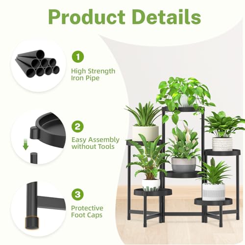 iDavosic.ly 6 Tier Folding Plant Stand Indoor Outdoor, Plastic Tray, Black