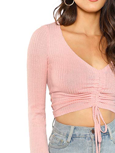 Image of SweatyRocks Women's Adjustable Drawstring String Long Bell Sleeve Rib Knit Sexy Crop Top