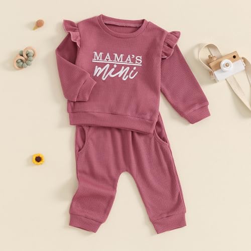 Newborn Baby Girl Fall Winter Waffle Outfit Clothes Ruffle Long Sleeve Mama Mini Sweatshirt Pants Sweatsuits3