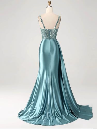 SOLODISH Spaghetti Straps Satin Mermaid Prom Dresses Long Lace Applique Formal Evening Gown3