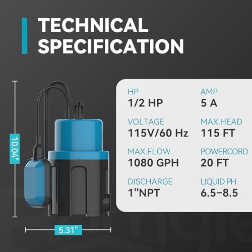 Image of Automatic Water Pump, 2250GPH Sump Pump Submersible Basement Portable Electric Utility Water Pump Removal for Pool Draining Basement Hot Tubs Garden Pool Cover Pond, Deep blue