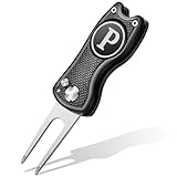 Sonwyoung Golf Divot Repair Tool with Letter Custom Monogrammed Initial Ball Marker Divot Tool New Year Golf Gifts Foldable Metal with Magnetic Putt Alignment for Men Father Golfer(Black,Letter P)
