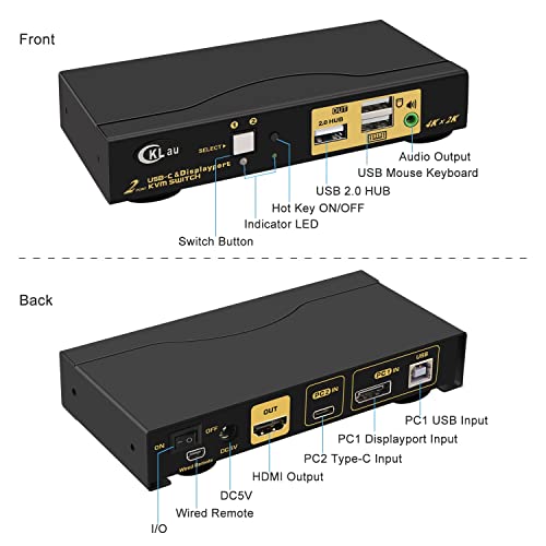Cklau 2 Port Usb-C + Displayport Kvm Switch 4K60Hz 2K144Hz With Audio, Cables And Usb 2.0 Hub, 2 Computers 1 Monitor Switcher Supports Thunderbolt 4 Device, Dp1.2 #TOP4