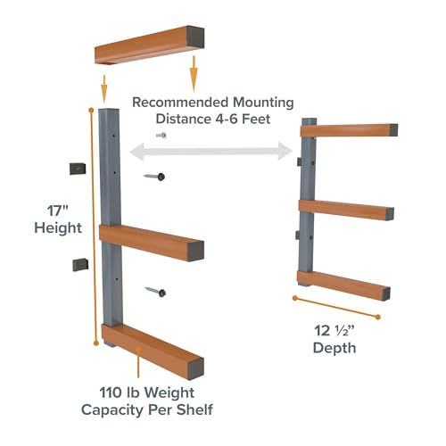 BORA 3-Level Wood Storage Rack, Wall-Mounted Hanging Shelf for Lumber, Garage Wall Storage, Space Saver for Workshop, Heavy Duty 300 lb Capacity, Metal Wood Rack System - PBR-0310, Orange/Black by BORA - Image 2