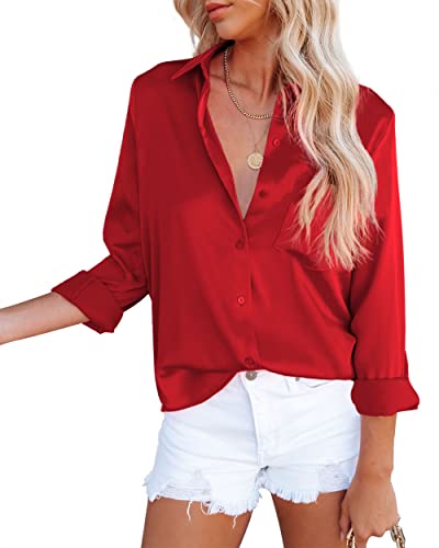 OMSJ Women's Button Down Shirts Satin V Neck Long Sleeve Casual Work Blouse Tops with Pocket2