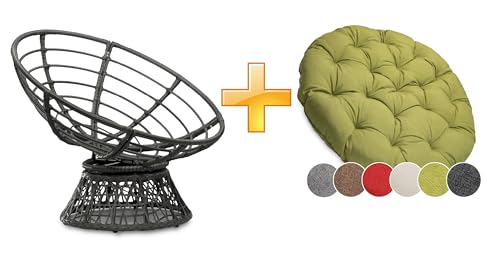 sunnypillow Papasansessel | Rattansessel mit Kissen rund Durchmesser 120 cm | gemütlicher Loungesessel drehbar für Wohnzimmer | Balkon Sessel Korbsessel Rattan Lesesessel | Outdoor/Indoor | Grün