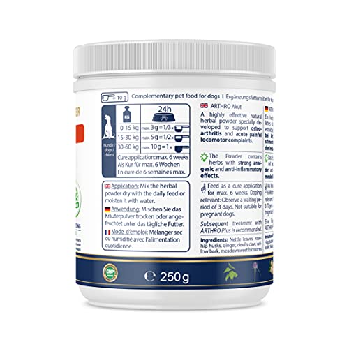 V-POINT ARTHRO Akut für Hunde bei Gelenkschmerzen akut schmerzhaften Beschwerden Premium Kräuterpulver mit Teufelskralle Ingwer Hagebutte Weidenrinde Gelenkpulver (250 g)