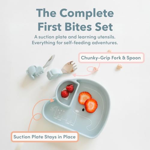 Image of Loulou Lollipop Baby Suction Plate, Fork and Spoon Feeding Set, Llama | Divided self-feeding plate plus chunky-grip stainless steel fork and spoon; made from food-grade silicone, BPA and PVC free