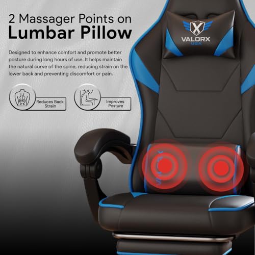Image of ValorX USA Striker 2026 Edition | Ergonomic Gaming & Office Computer Chair | Premium PU Leather | Dual Massager Back Support | Adjustable Neck & Lumbar Pillow | Ergo Sync Armrests | Footrest (Blue)