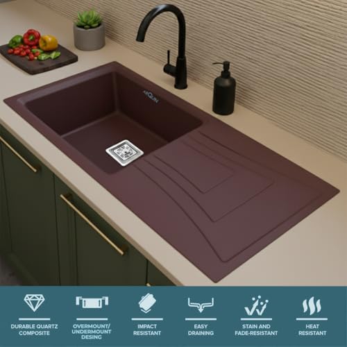 Image of ARQUIN Quartz Kitchen Sink with Drainboard 36x18x9 Inch Brown Granite sink for kitchen basin,UV Protected, Undermount | Topmount Including Coupling, Waste Pipe & Strainer Basket