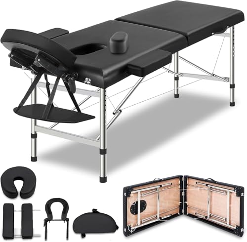 Portable Foldable سرير مساج Massage Bed 70cm Wide with Adjustable Height Lightweight Aluminum Design for SPA Salon Home & Tattoo - Includes Headrest Armrests & Face Cradle