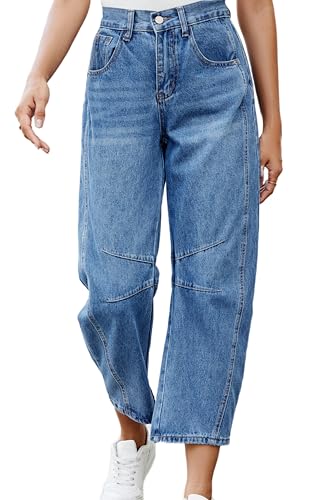 Allimy Womens Jeans High Waisted Mid Rise Baggy Loose Fit Ankle Barrel Leg Y2K Boyfriend Horseshoe Cropped Wide Leg Jeans for Women Trendy 2025 Denim Capri Pants Women Navy Blue Size 14
