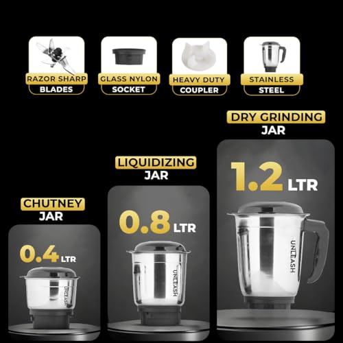 Image of 500 Watts Mixer Grinder (3 Jars, White & Black) - Heavy Duty Copper Motor Mixie with 3-Speed Control | Rust-Proof Stainless Steel Jars & Pulse Function | Compact & Durable Kitchen Grinder