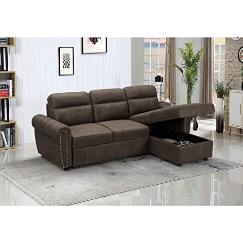 Kipling Saddle Brown Microfiber Reversible Sleeper Sectional Sofa Chaise #TOP3