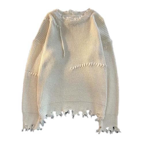 Solid Ripped Hole Sweater Women Man Spring Autumn Raw Edge Long Sleeves Loose Knitwear All-Matched Pullovers (Apricot,Medium)