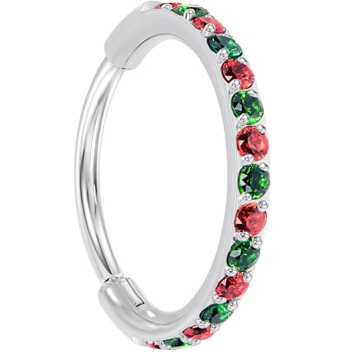 Body Candy Red Green Christmas Micro Gem Implant Grade Titanium Hinged Nose Hoop - 20G 8mm
