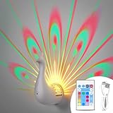 BomKra Peacock Wall Lamp,7 Colors Atmosphere Peacock Night Lights,Dimmable Touch Lamp for Bedroom,with Remote Control,Timing Function,Suitable for Living Room, Office,Corridor Decorate (White)