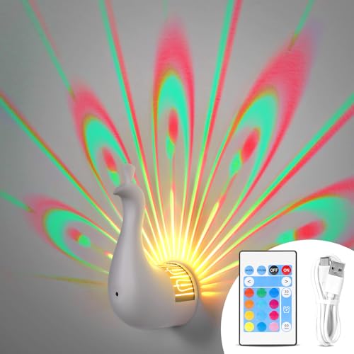 Peacock Wall Lamp,7 Colors Atmosphere Peacock Night Lights,Dimmable Touch Lamp for Bedroom,with Remote Control,Timing Function,Suitable for Living Room, Office,Corridor Decorate (White)