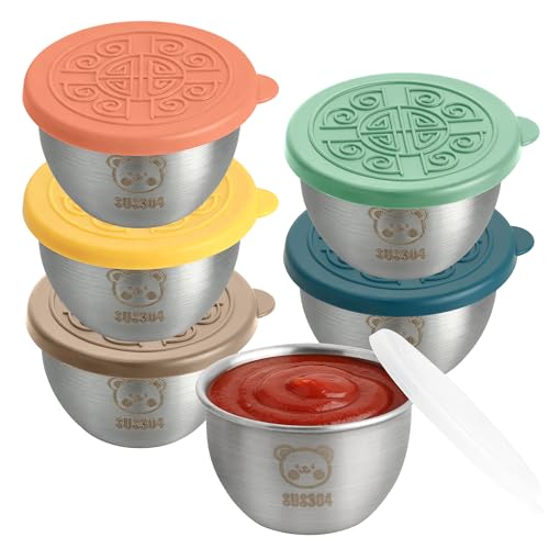 TYSM-CC 6 contenitori per condimenti in acciaio inossidabile 304-50 ml con coperchio in silicone, riutilizzabili per condimenti per insalata, salse, yogurt e snack