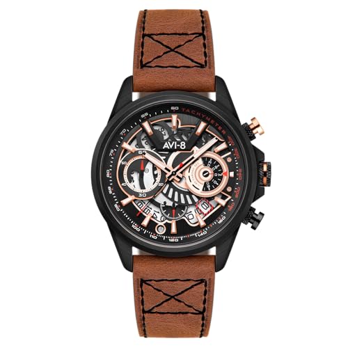 AVI-8 Men's 44mm Hawker Harrier Matador Chronograph Desert Black Watch with Leather Strap AV-4125-02