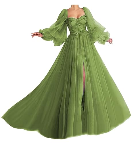 green tulle dress A Line Corset Back Sage Green Tulle Long Dresses, Sage Green / 10 main image 1