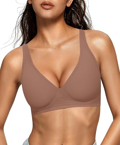 OEAK Womens Deep V Bras Wireless Comfortable Bra Supportive No Underwire Bras Tshirt Push Up Bralettes Plunge Seamless Bra Coffee M