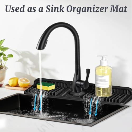 Image of PoYang 17.7 inch Faucet Mat for Kitchen Sink Splash Guard, 7 Slope Silicone Sink Water Splash Guard for Kitchen Sink Area with Snap Button, Long Sink Protectors for kitchen Sink Sponge Holder, Black