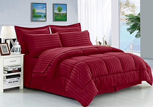 Dream'z Bedding Luxury 350 Thread Count 100 GSM Fiber Fill 1pc Comforter Oversized Super King Size, Burgundy Stripe 100% Egyptian Cotton
