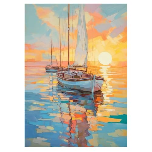 DCIDBEI 30 x 40 cm Diamond Painting Barca a vela al tramonto, pittura a diamante paesaggio mare, perla diamante da incollare adulti, decorazione per la casa || cristallo artigianale