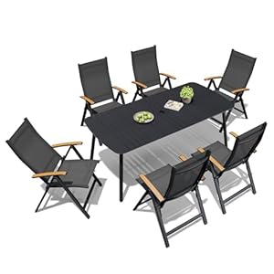 Crestlive Products 7 Pieces Outdoor Dining Set for 6, Patio Table and Folding Dining Chairs with Teak Armrest 70in Aluminum Table with Umbrella Hole Foldable Adjustable High Back Patio Chairs, Black