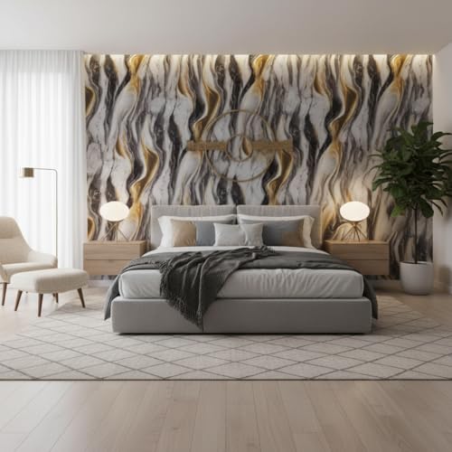 Image of VKR Premium Marble Design Self Adhesive Wallpaper Roll | Waterproof & Oil-Proof Furniture Sticker for Kitchen, Table, Wardrobe, Cabinets & Wall Decor (Black & Gold Pack of 1)