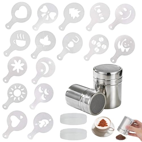 2 Stück Kakaostreuer für Cappuccino,Kakao Streuer Puderzucker mit Cappuccino Schablonen 16 Teile,Edelstahl Puderzuckerstreuer,Mehlstreuer mit Deckel,Puderzuckermühle,Staubzuckerstreuer Kaffeeschablone