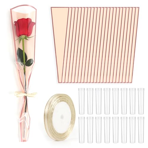 50 Pcs Flower Water Tubes with 50 Pcs Rose Gold Single Rose Sleeve Single Rose Holder for Bouquets Flower Vials Individual Single Stem Floral Wrapping Bag for Mothers Day Graduation Florist Supplies
