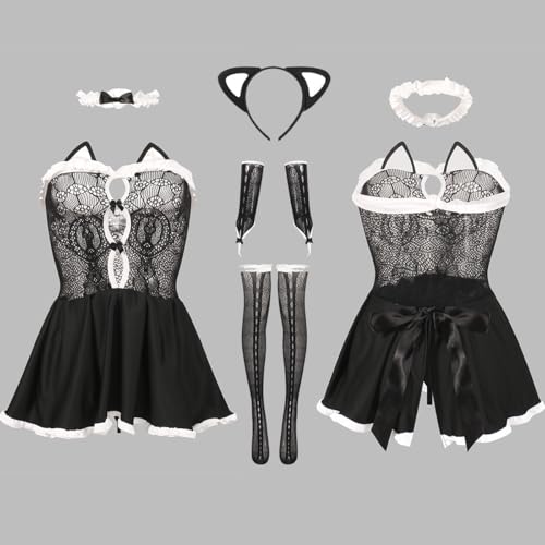 Sexy Dessous Reizwäsche Cosplay Kostüm für Damen Unterwäsche Outfit Frauen Anime Katze Dienstmädchen Spitze Minikleid Maid Lingerie Ouvert Erotisch Rollenspiel Netzkleid Set mit Strümpfe – Bild 2