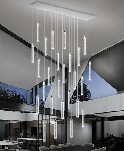Image of Rectangular Chandeliers 26-Lights Long Light for Entryway LED Dimmable Chandeliers Lighting Fixture Flat Sloped High Ceiling Pendant Lights Crystal for Living Room Foyer Hallway Staircase Silver