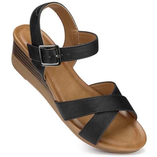 Image of SHIBEVER Wedge Sandals for Women Dressy: Comfortable Low Heel Summer Sandal | Casual Walking All-Day Comfort Dress Ladies Strappy Shoes - Ankle Strap Arch Support with Cushioned for Work Vacation