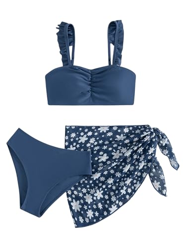 GORGLITTER Girl's Swimsuit Cute 3 Piece Floral Ruffle High Waisted Thong Beach 2025 Bikini Set with Coverup Skirt
