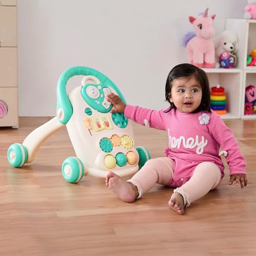 Image of Amazon Brand - Supples Baby Walker with Music, LED Lights & Handle | Push Activity Walker with Water /Sand Tank for Stability | Learning Toy for Toddlers 9+ Months | Beige & Sea Green