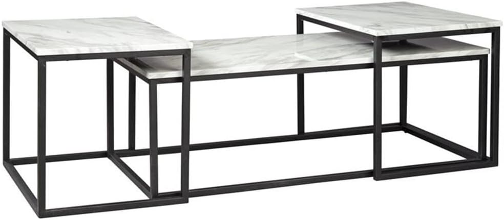 BOWERY HILL Wood Occasional Table Set, Faux Carrara Marble Top, Gray and Black Finish, Nesting Design, Decorative Laminate, Metal Frame, Small Space Solution, Set of 3, Modern Coffee Table Set