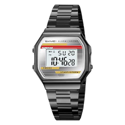 SKMEI Watches for Men,Retro Digital Stainless Steel Watch with 30M Waterproof LED Backlight Chronograph Alarm Fashion Sports Wristwatch