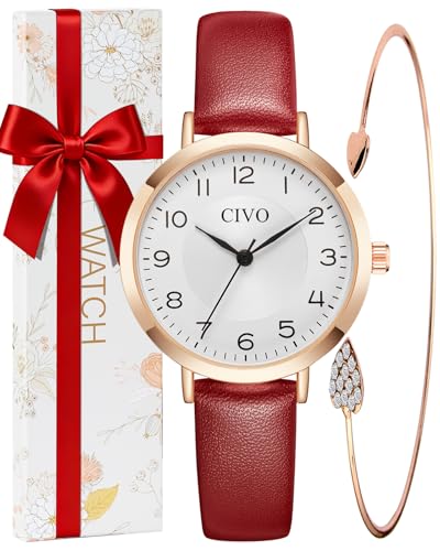 CIVO Damen Uhr Wasserdicht Klein Analog Quarz Lederarmband Armbanduhr Damen Set Minimalistisch Kreative Uhr für Frauen Rot