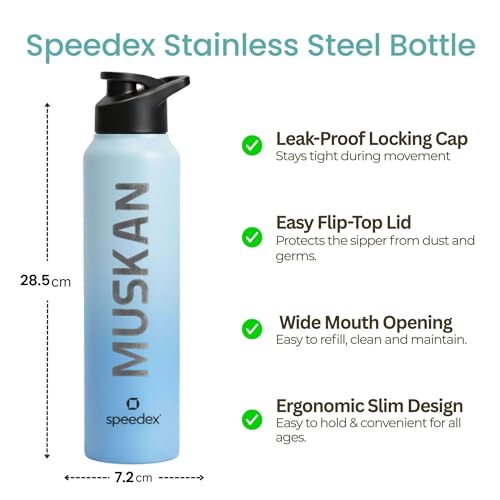 Image of Speedex Engraved Name Stainless Steel Sipper Water Bottle 1 Ltr - Customised Personalised Bottle for Kids & Adults, School, Gym, Sports, Black, Set of 1 (Dual Blue, Set Of 1)