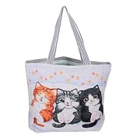 SECFOU Große Baumwoll leinen Schultertasche mit Besticktem Katzenmotiv Leichter Langlebiger Mädchen Shopper für Alltag Schule und Freizeit Geräumige Umhängetasche für Damen und Studenten