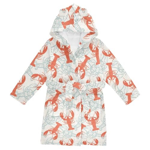 WIFIU Toddler Baby Hooded Bathrobe for Boys Girls Abstract Red Blue Lobster Printed, Soft Plush Bath Towel Robe with 2 Pockets for 4-6 Years