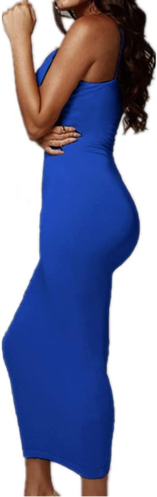 PRIMODA Women's Sexy Neon Asymmetrical Spaghetti Strap Dress Deep V-Neck Sleeveless Bodycon Midi Club Dress - Image 2