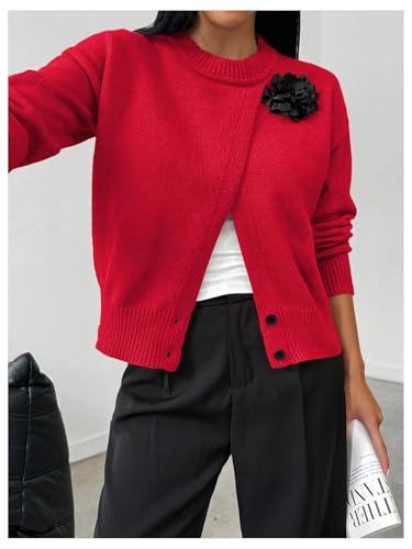 Image of MakeMeChic Women's Wrap Cardigan Sweater Flower Button Down Pullovers Tops Red X-Large