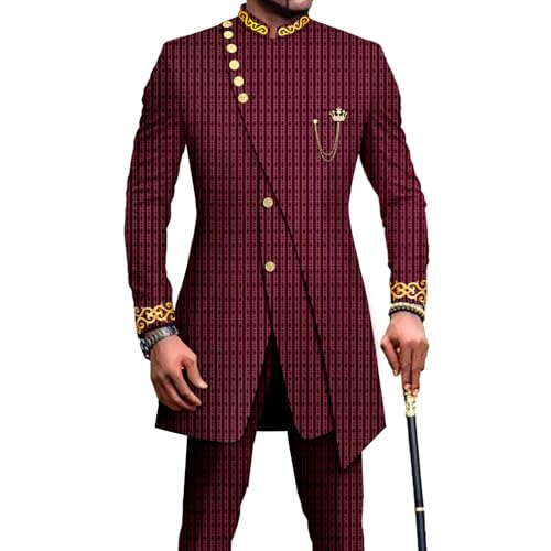 Men`s Suit Double Breasted Slim Fit Embroidery Chain Blazer and Pants Set Dashiki Outfits African Clothes